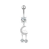 Stainless Steel Belly Ring, 304 Stainless Steel, with Cubic Zirconia & Brass, Moon and Star, Galvanic plating, for woman & faceted, silver color, 50-80mm 