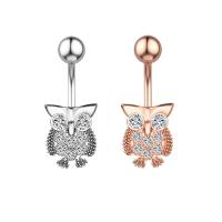 Stainless Steel Belly Ring, 304 Stainless Steel, with Cubic Zirconia & Brass, Owl, Galvanic plating, for woman & faceted 50-80mm 