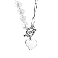 Stainless Steel Jewelry Necklace, 304 Stainless Steel, with White Shell & Plastic Pearl, Heart, Vacuum Ion Plating, fashion jewelry & for woman Approx 15.7 Inch 