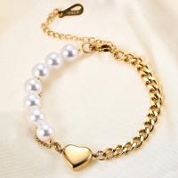 Stainless Steel Chain Bracelets, 304 Stainless Steel, with Plastic Pearl, with 1.96inch extender chain, Heart, Vacuum Ion Plating, Twisted Piece Chain & for woman Approx 6.3 Inch 