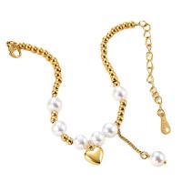 Stainless Steel Charm Bracelet, 304 Stainless Steel, with Plastic Pearl, with 1.96inch extender chain, Heart, Vacuum Ion Plating, ball chain & for woman Approx 6.5 Inch 
