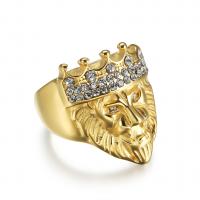 304 Stainless Steel Finger Ring, Lion, Vacuum Ion Plating & for man & with rhinestone 27mm, US Ring 