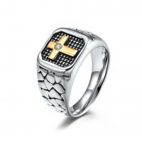 304 Stainless Steel Finger Ring, Cross, Vacuum Ion Plating & for man & with rhinestone 12mm, US Ring 