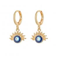 Huggie Hoop Drop Earring, laiton, Placage de couleur d'or, motif de mauvais œil & pour femme & émail, bleu Vendu par paire