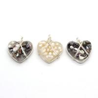 Cultured Freshwater Pearl Brass Pendant, with brass wire & Resin, Heart, silver color plated, DIY 