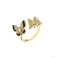 Cubic Zirconia Micro Pave Brass Finger Ring, Butterfly, gold color plated, Adjustable & micro pave cubic zirconia & for woman & enamel, white and black, 18mm 