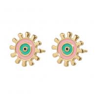 Brass Stud Earring, Gear Wheel, gold color plated, evil eye pattern & for woman & enamel 