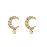 Brass Drop Earring, Moon and Star, gold color plated, micro pave cubic zirconia & for woman 