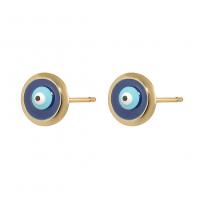 Boucles d'oreilles de mauvais œil, laiton, Plat rond, Placage de couleur d'or, pour femme & émail, bleu Vendu par paire