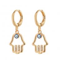 Huggie Hoop Drop Earring, laiton, main, Placage de couleur d'or, motif de mauvais œil & pavé de micro zircon & pour femme & émail & creux Vendu par paire