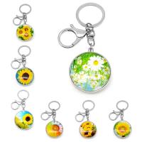 Zinc Alloy Key Clasp, with Glass, Round, silver color plated & double-sided 