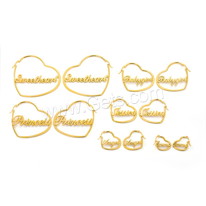 Stainless Steel Hoop Earring, 304 Stainless Steel, Heart, Vacuum Ion Plating, Each custom text must be less than 10 letters & fashion jewelry & different size for choice & for woman, golden, Sold By Pair