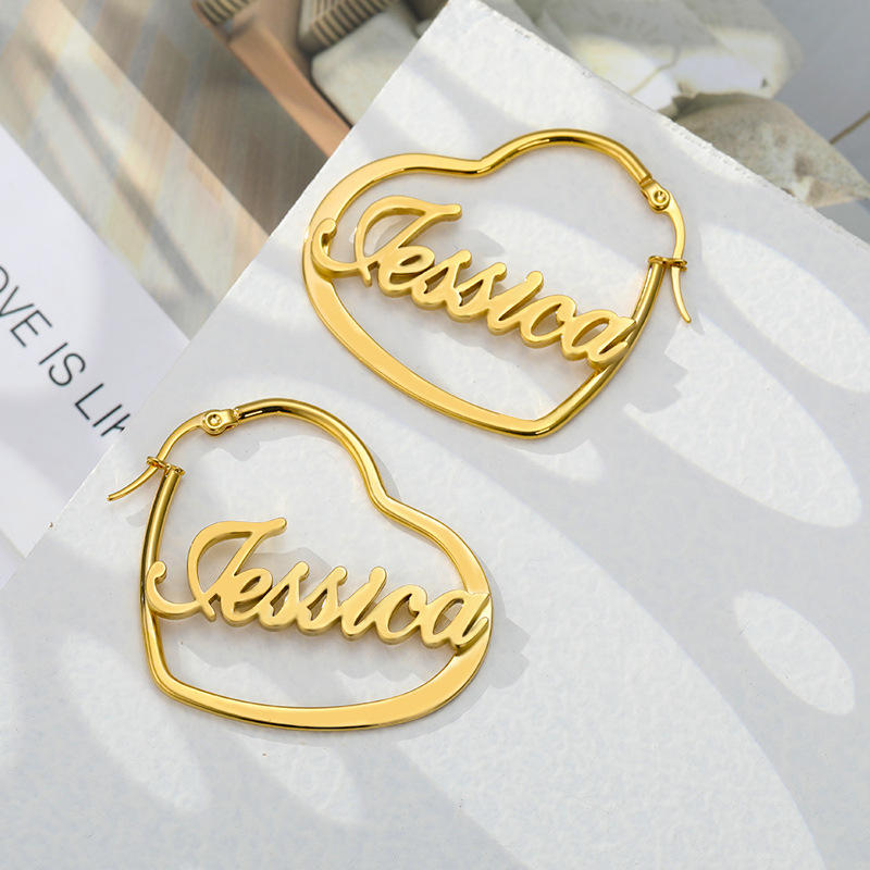 Stainless Steel Hoop Earring, 304 Stainless Steel, Heart, Vacuum Ion Plating, Each custom text must be less than 10 letters & fashion jewelry & different size for choice & for woman, golden, Sold By Pair