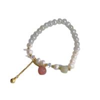 Gemstone Pearl Bracelets, Freshwater Pearl, with Hetian Jade & Strawberry Quartz & Zinc Alloy, for woman, mixed colors Approx 21 cm 