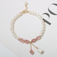 Cultured Freshwater Pearl Brass Bracelet, with Strawberry Quartz & Brass, brass lobster clasp, for woman, mixed colors, 5mm cm 
