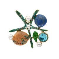 Kunststoff-Perlen-Brosche, Zinklegierung, mit Kristall & Kunststoff Perlen, Seestern, goldfarben plattiert, Koreanischen Stil & Emaille, keine, 57x55mm, verkauft von PC