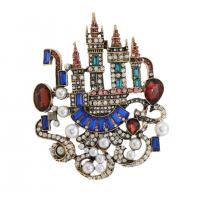 Crystal Brooch, Zinc Alloy, with Crystal & Plastic Pearl, Castle, antique bronze color plated, vintage & with rhinestone 