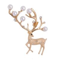 Kunststoff-Perlen-Brosche, Zinklegierung, mit Kunststoff Perlen, Hirsch, goldfarben plattiert, Weihnachts-Design & mit Strass, goldfarben, 30x50mm, verkauft von PC