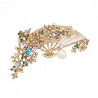 Freshwater Pearl Brooch, Zinc Alloy, with Freshwater Pearl, Fan, gold color plated, enamel & with rhinestone, white 