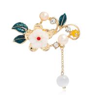 Freshwater Pearl Brooch, Zinc Alloy, with Shell & Freshwater Pearl, gold color plated & enamel & with rhinestone, mixed colors 