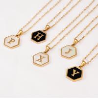 Stainless Steel Jewelry Necklace, 304 Stainless Steel, with Black Shell & White Shell, Hexagon, 18K gold plated & with letter pattern & for woman, golden, 16mm Approx 18 Inch 