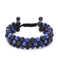 Natural Lapis Lazuli Bracelet, Lava, with Knot Cord & Lapis Lazuli, handmade, three layers & Unisex & radiation protection, 18mm Approx 7.5-11.8 Inch 