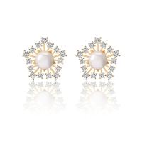 Brass Stud Earring, with Plastic Pearl, 14K gold plated, micro pave cubic zirconia & for woman 