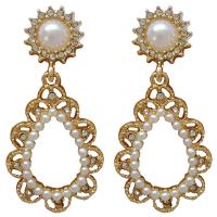 Brass Drop Earring, with Plastic Pearl, Teardrop, 14K gold plated, micro pave cubic zirconia & for woman & hollow 