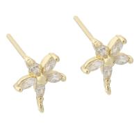 Brass Earring Stud Component, Flower, gold color plated, micro pave cubic zirconia 
