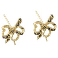 Brass Earring Stud Component, Bowknot, gold color plated, micro pave cubic zirconia 