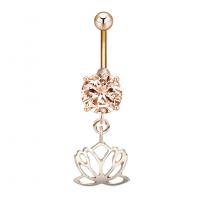 Belly Ring Jewelry, Zinc Alloy, with Cubic Zirconia & 304 Stainless Steel, Flower, Galvanic plating, for woman & faceted & hollow 