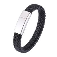 PU Leather Cord Bracelets, Microfiber PU, with 316 Stainless Steel, Round, silver color plated, fashion jewelry 12mm 