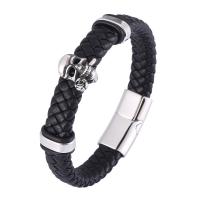 PU Leather Cord Bracelets, Microfiber PU, with 316 Stainless Steel, Skull, silver color plated, fashion jewelry 12mm 