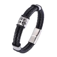 Cowhide Bracelets, Leather, with 316 Stainless Steel, Round, silver color plated, fashion jewelry 12mm 