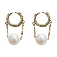 Brass Lever Back Earring, with Plastic Pearl, plated, micro pave cubic zirconia & for woman 