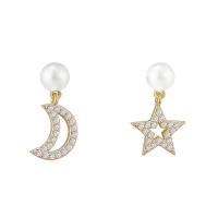 Brass Asymmetric Earrings, with Plastic Pearl, Moon and Star, plated, micro pave cubic zirconia & for woman & hollow 16mm 