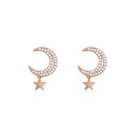 metal Pendientes con Colgantes, Luna y estrella, chapado en color rosa dorada, micro arcilla de zirconia cúbica & para mujer, 17mm, Vendido por Par