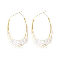 Brass Hoop Earring, with Plastic Pearl, gold color plated, multilayer & for woman, 97mm 