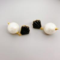 Brass Drop Earring, with Black Shell & Plastic Pearl, 18K gold plated, fashion jewelry & for woman 