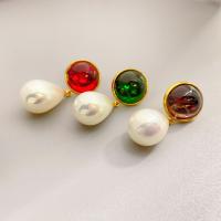 Brass Drop Earring, with Crystal & Plastic Pearl, 18K gold plated, fashion jewelry & for woman 