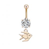 Stainless Steel Belly Ring, Zinc Alloy, with Cubic Zirconia & 304 Stainless Steel, Fish, Galvanic plating, for woman & faceted 
