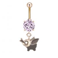 Stainless Steel Belly Ring, Zinc Alloy, with Cubic Zirconia & 304 Stainless Steel, Elephant, Galvanic plating, for woman & faceted 