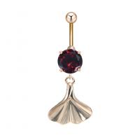 Stainless Steel Belly Ring, Zinc Alloy, with Cubic Zirconia & 304 Stainless Steel, Ginkgo Leaf, Galvanic plating, for woman & faceted 