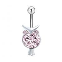 Stainless Steel Belly Ring, Zinc Alloy, with Cubic Zirconia & 304 Stainless Steel, Owl, Galvanic plating, for woman & faceted, pink 