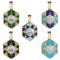 Enamel Brass Pendants, Hexagon, gold color plated, with rhinestone 