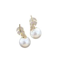 Cubic Zirconia Micro Pave Brass Earring, with Plastic Pearl, gold color plated, micro pave cubic zirconia & for woman 