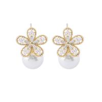 Cubic Zirconia Micro Pave Brass Earring, with Plastic Pearl, Flower, gold color plated, micro pave cubic zirconia & for woman 