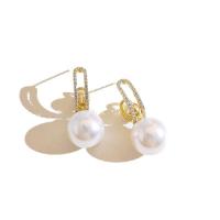 Rhinestone Brass Drop Earring, with Plastic Pearl, gold color plated, for woman & with rhinestone, 30mm 