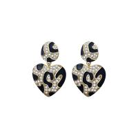 Brass Drop Earring, Heart, gold color plated, micro pave cubic zirconia & for woman & enamel, black 