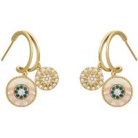 Brass Drop Earring, with Shell, gold color plated, micro pave cubic zirconia & for woman, 28mm 